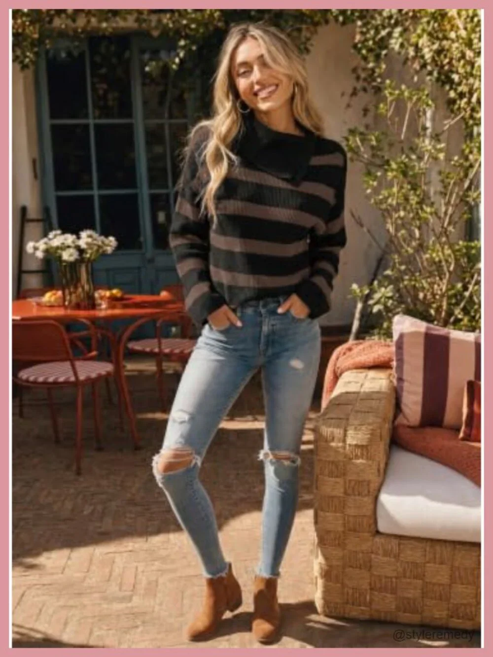 Striped Bell Sleeve Turtleneck Sweater Women Oversized Knit Button High Neck